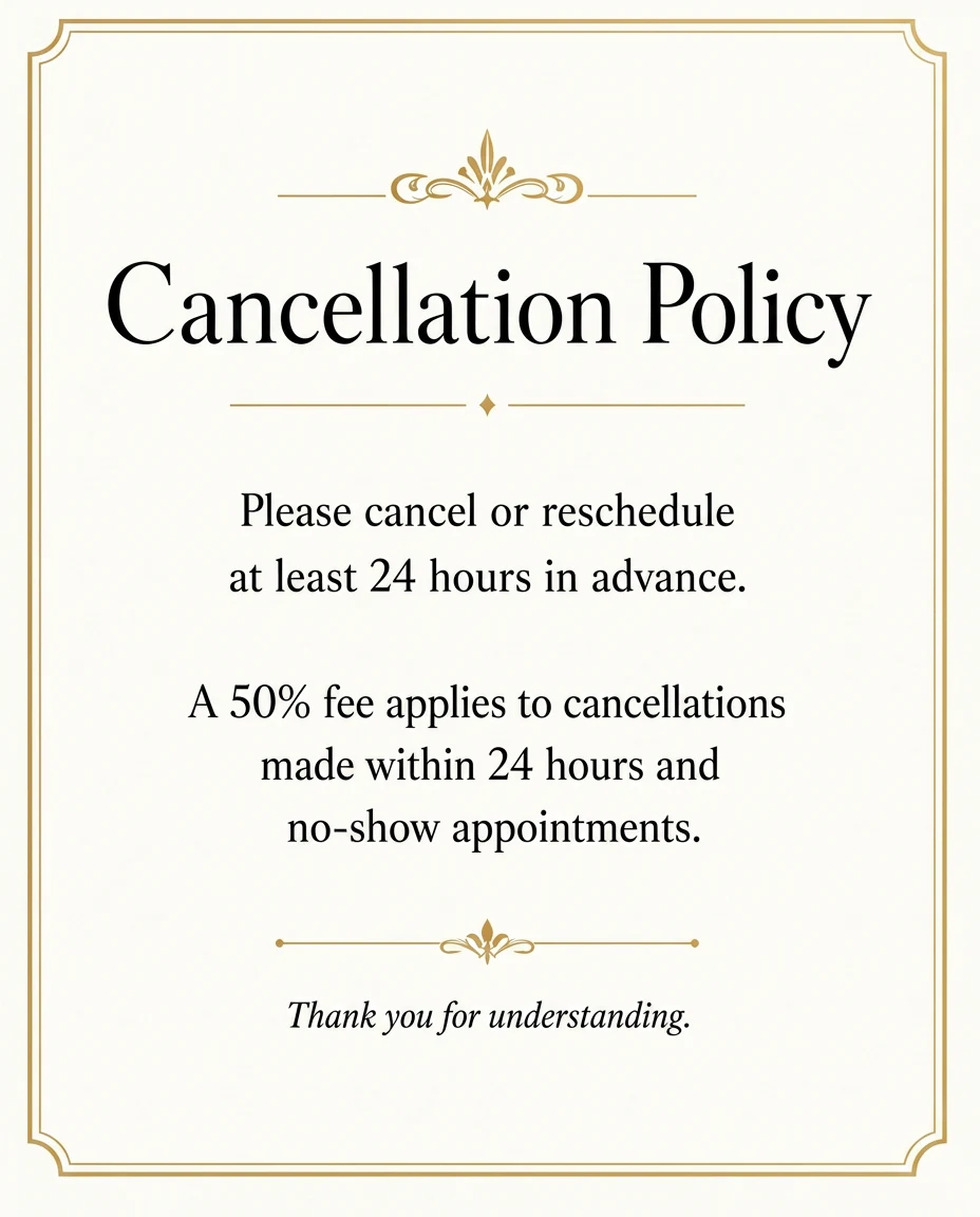 Cancellation Policy: Please cancel or reschedule at least 24 hours in advance. A 50% fee applies to cancellations made within 24 hours and no-show appointments.