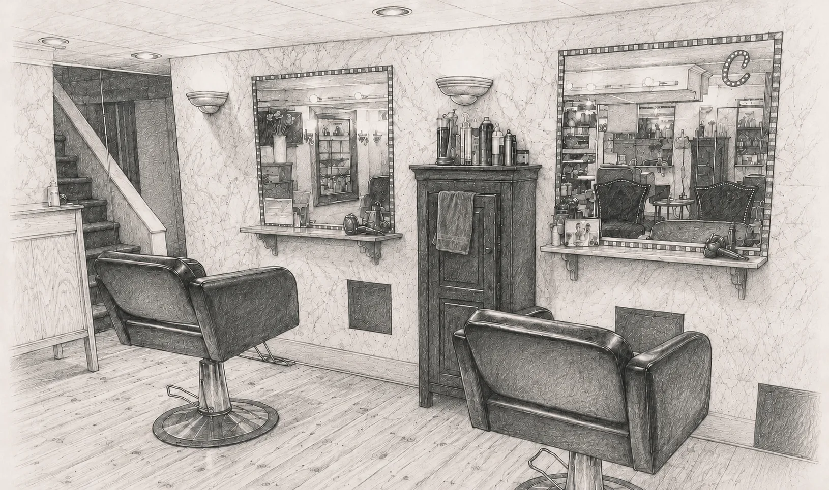 Pencil sketch of Francesca's Salon interior