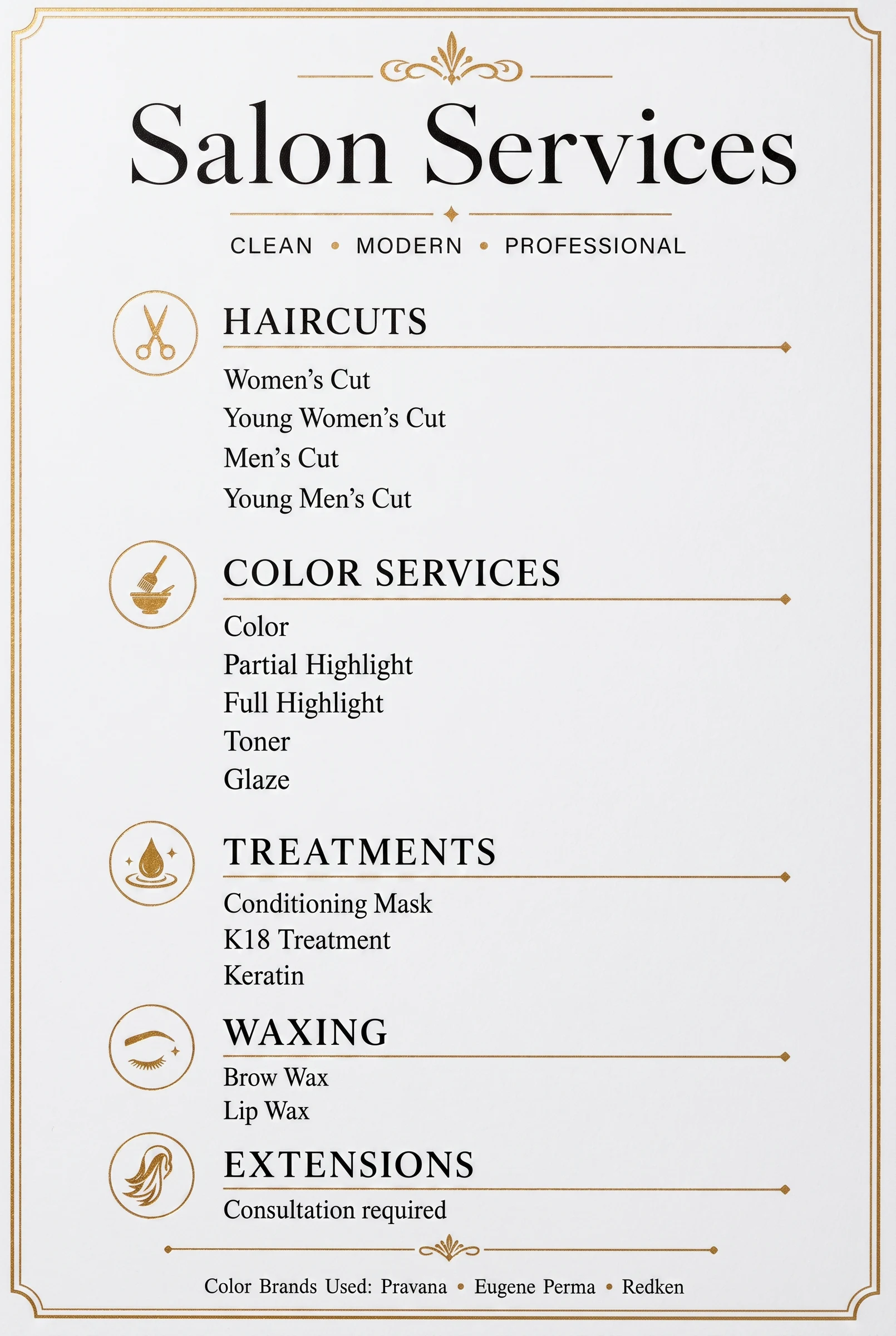 Francesca's Salon services menu — Haircuts, Color Services, Treatments, Waxing, and Extensions with pricing.