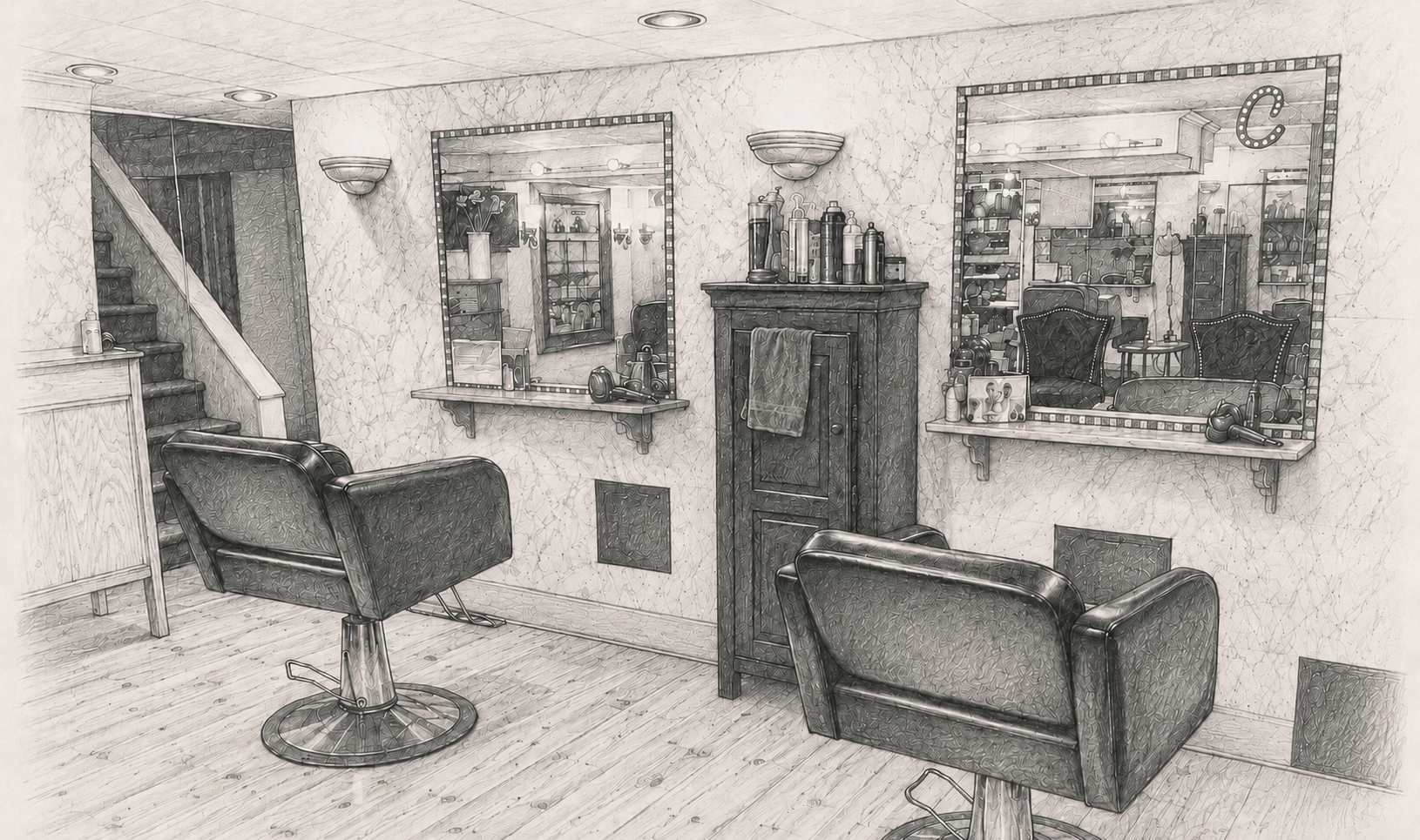 Pencil sketch of Francesca's Salon interior