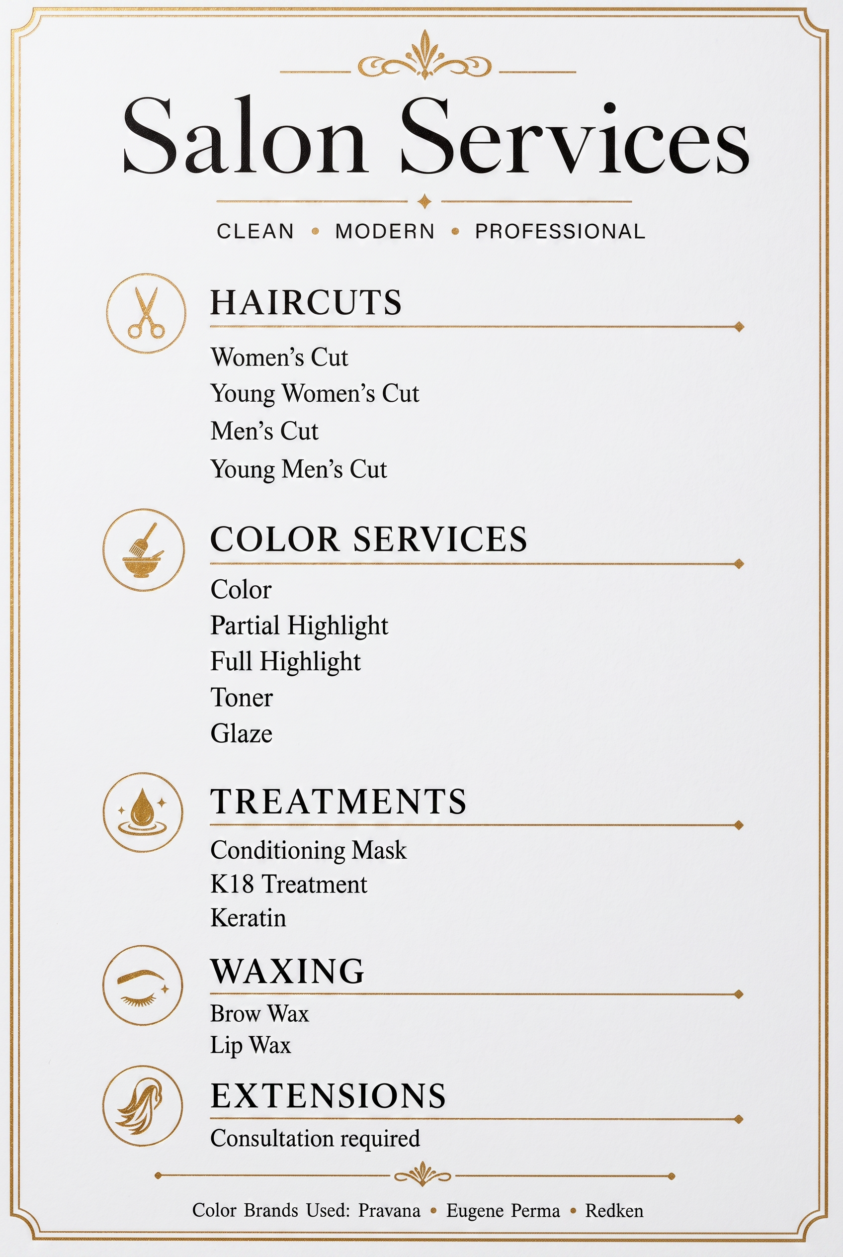 Francesca's Salon services menu — Haircuts, Color Services, Treatments, Waxing, and Extensions with pricing.